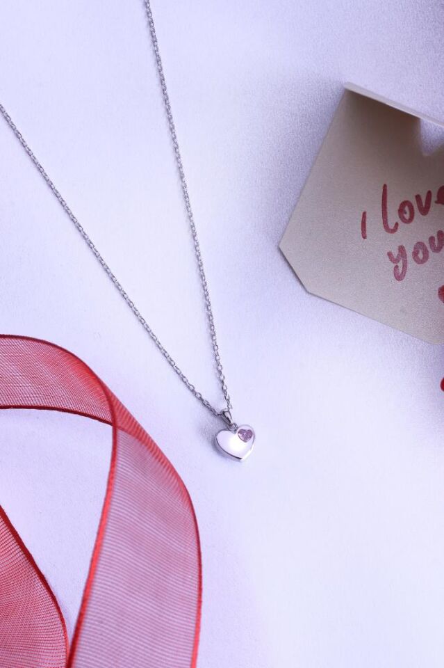 925 Ayar Gümüş Kalp İçi Taşlı Kolye