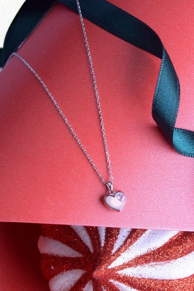 925 Ayar Gümüş Kalp İçi Taşlı Kolye