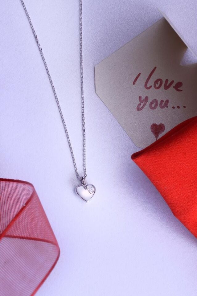 925 Ayar Gümüş Kalp İçi Taşlı Kolye