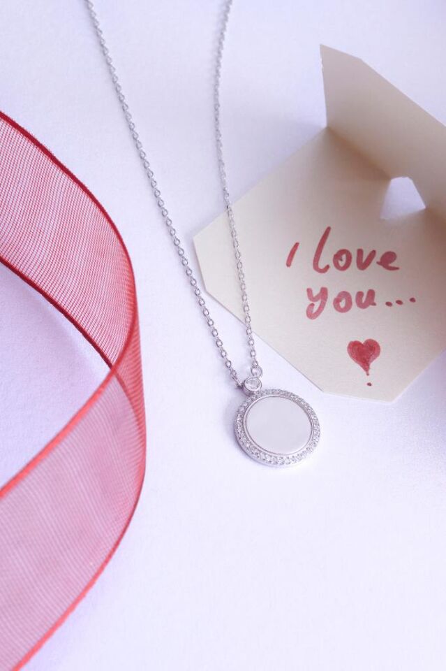 925 Ayar Gümüş Aynalı Taşlı Kolye