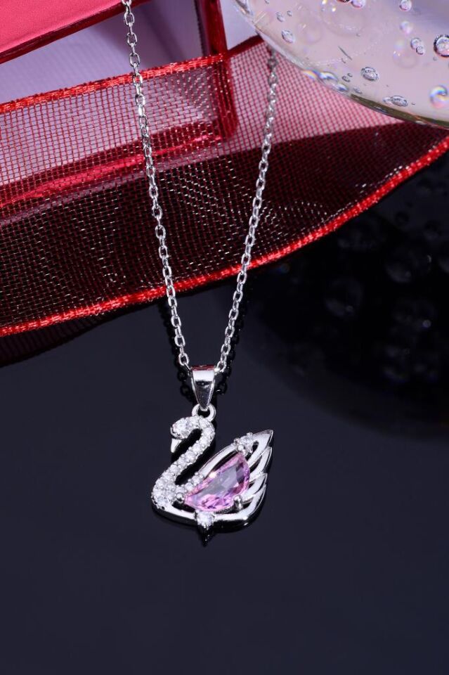 925 Ayar Gümüş Kuğu Kolye Pembe