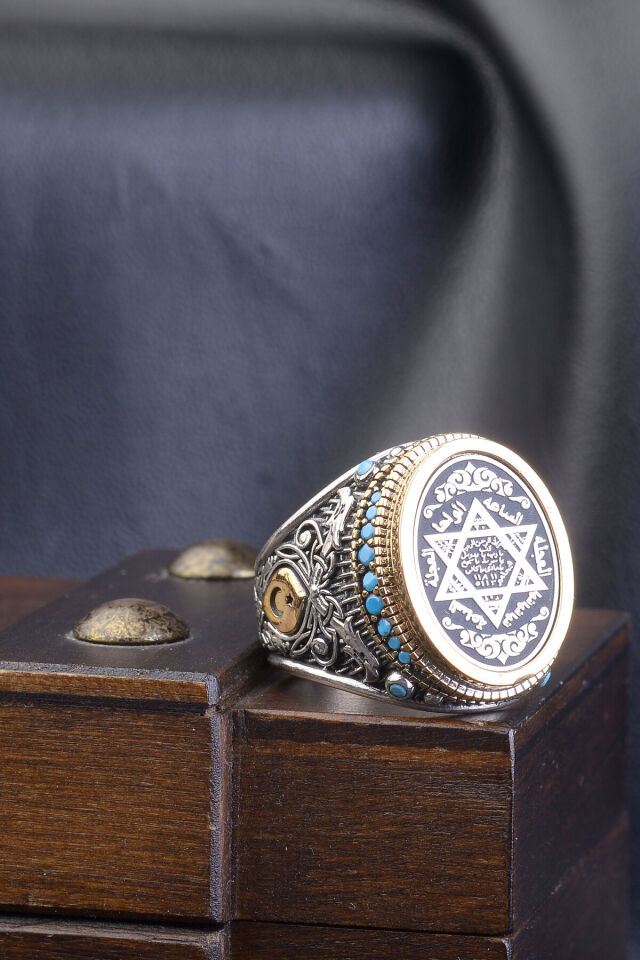 MÜHRÜ SÜLEYMAN İŞLEMELİ 925 AYAR TAŞ DETAYLI ERKEK YÜZÜK Turkuaz - 28