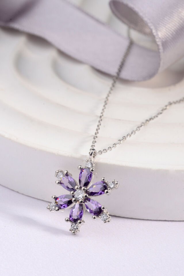 Pembe Zirkon Taşlı Lotus Çiçeği 925 Ayar Gümüş Kadın Kolye