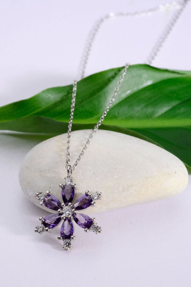 Pembe Zirkon Taşlı Lotus Çiçeği 925 Ayar Gümüş Kadın Kolye