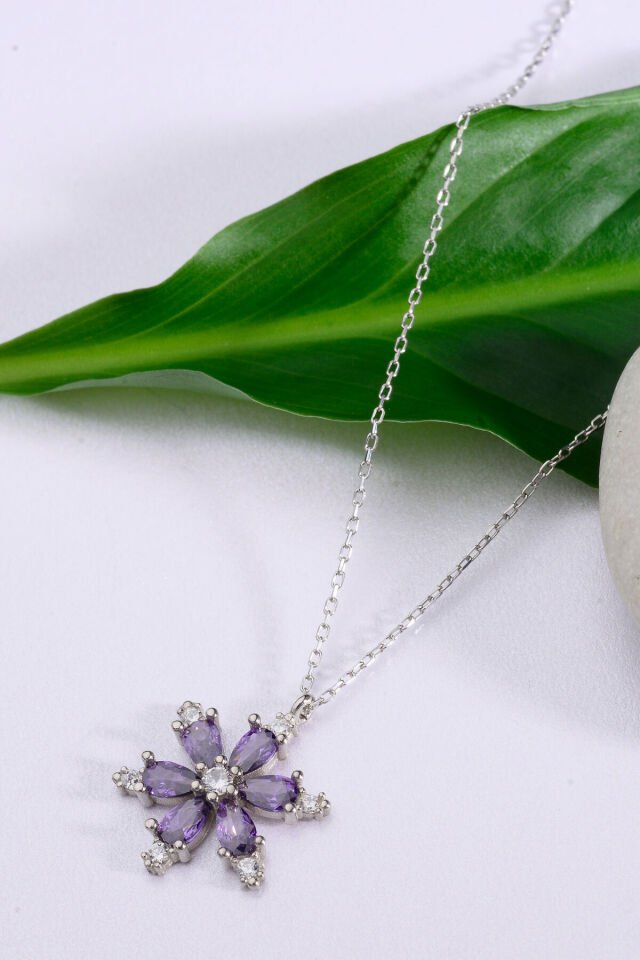 Pembe Zirkon Taşlı Lotus Çiçeği 925 Ayar Gümüş Kadın Kolye