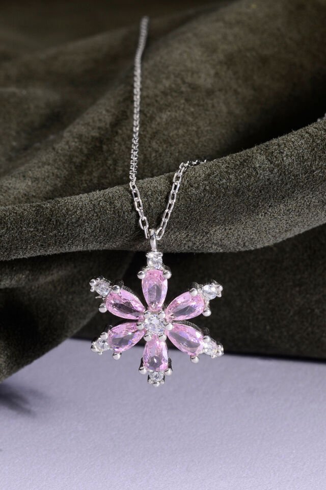 Pembe Zirkon Taşlı Lotus Çiçeği 925 Ayar Gümüş Kadın Kolye Pembe - 42 Cm