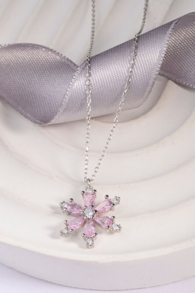 Pembe Zirkon Taşlı Lotus Çiçeği 925 Ayar Gümüş Kadın Kolye Pembe - 42 Cm