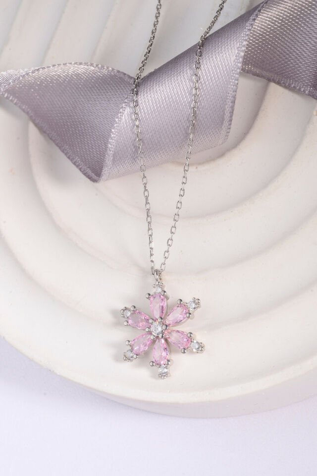 Pembe Zirkon Taşlı Lotus Çiçeği 925 Ayar Gümüş Kadın Kolye Pembe - 42 Cm