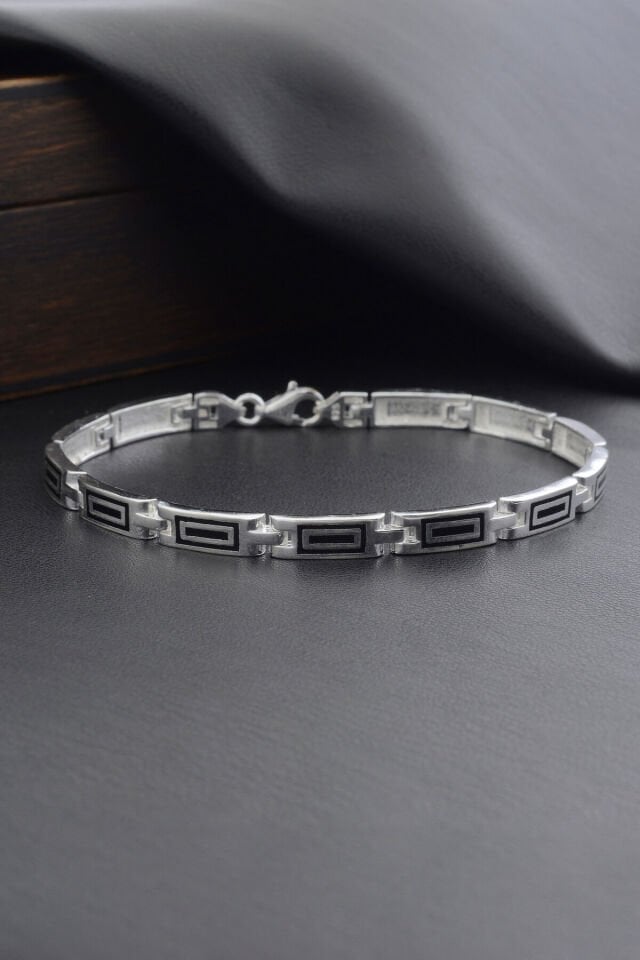 925 AYAR GÜMÜŞ KARE DESENLİ ERKEK BİLEKLİK