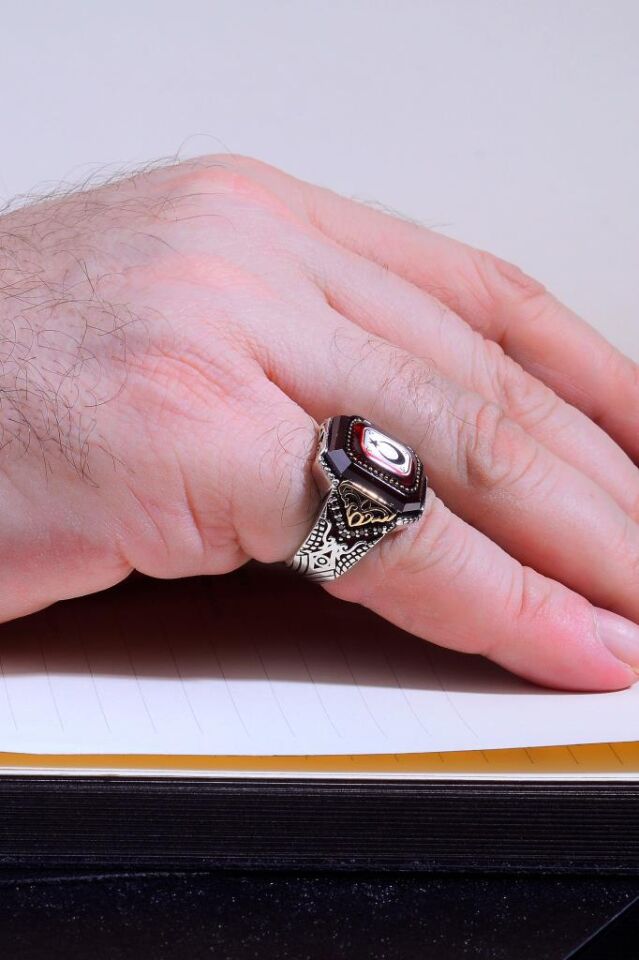925 Ayar Gümüş Ay Yıldız Kırmızı Zirkon Taşlı Yüzük