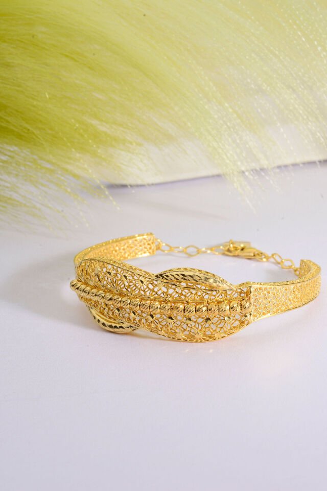 22 Ayar Altın Kaplama Dorika İşlemeli 925 Ayar Gümüş Tül Bilezik