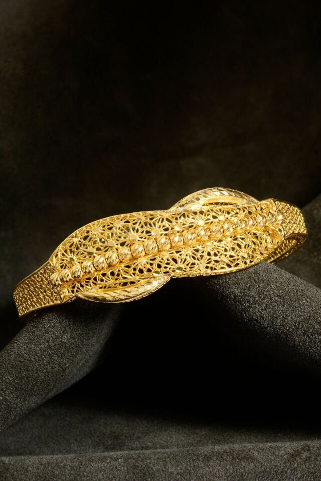 22 Ayar Altın Kaplama Dorika İşlemeli 925 Ayar Gümüş Tül Bilezik