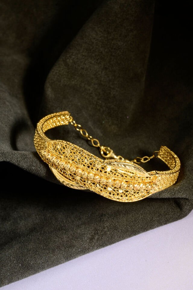 22 Ayar Altın Kaplama Dorika İşlemeli 925 Ayar Gümüş Tül Bilezik