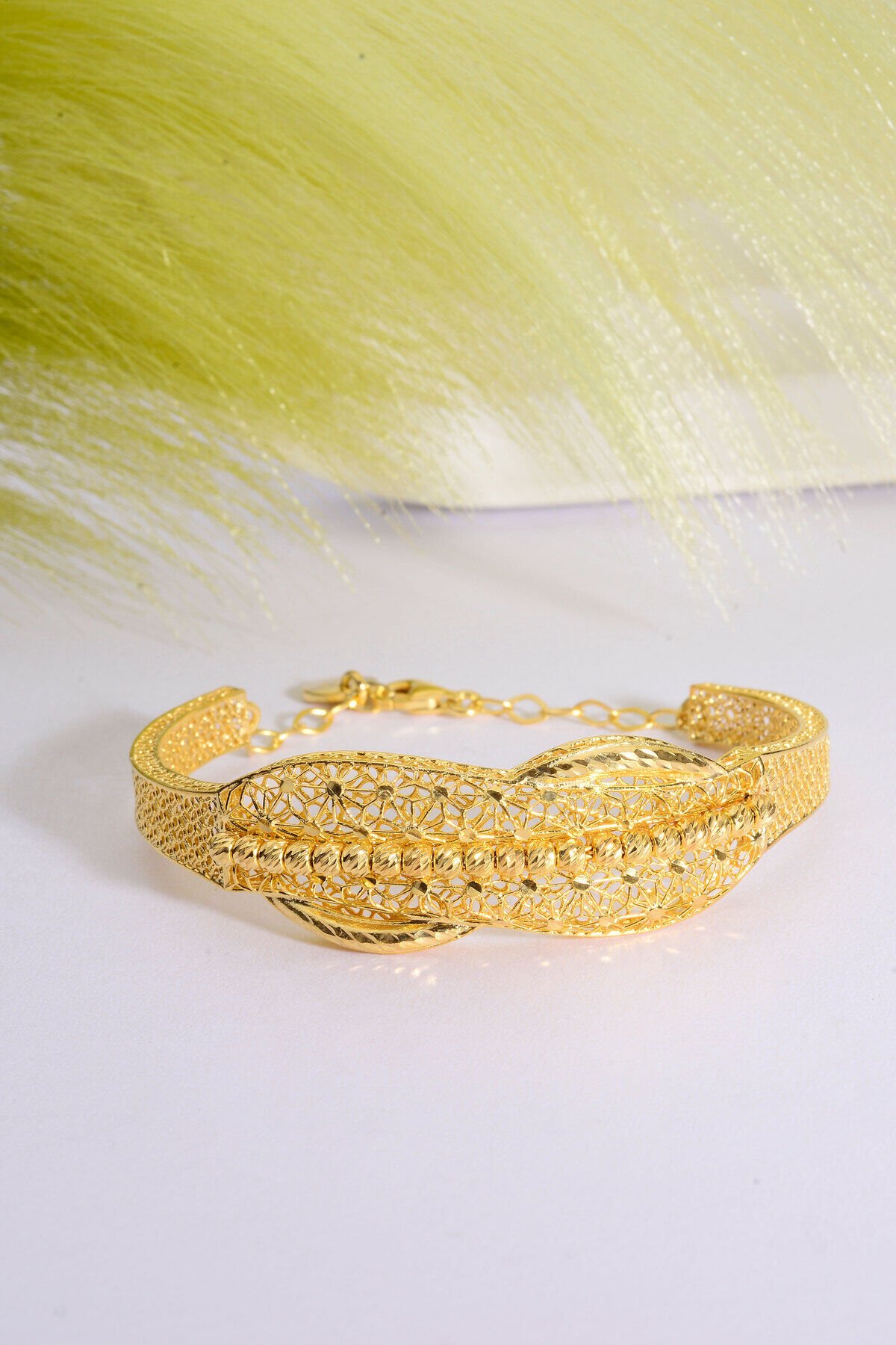 22 Ayar Altın Kaplama Dorika İşlemeli 925 Ayar Gümüş Tül Bilezik