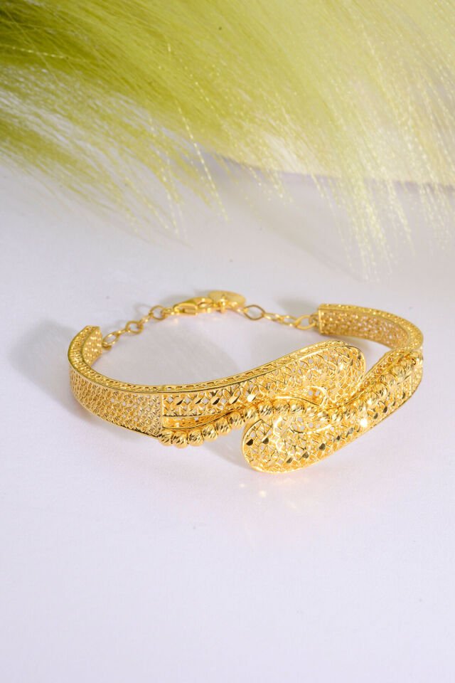 22 Ayar Altın Kaplama Dorika İşlemeli 925 Ayar Gümüş Tül Bilezik