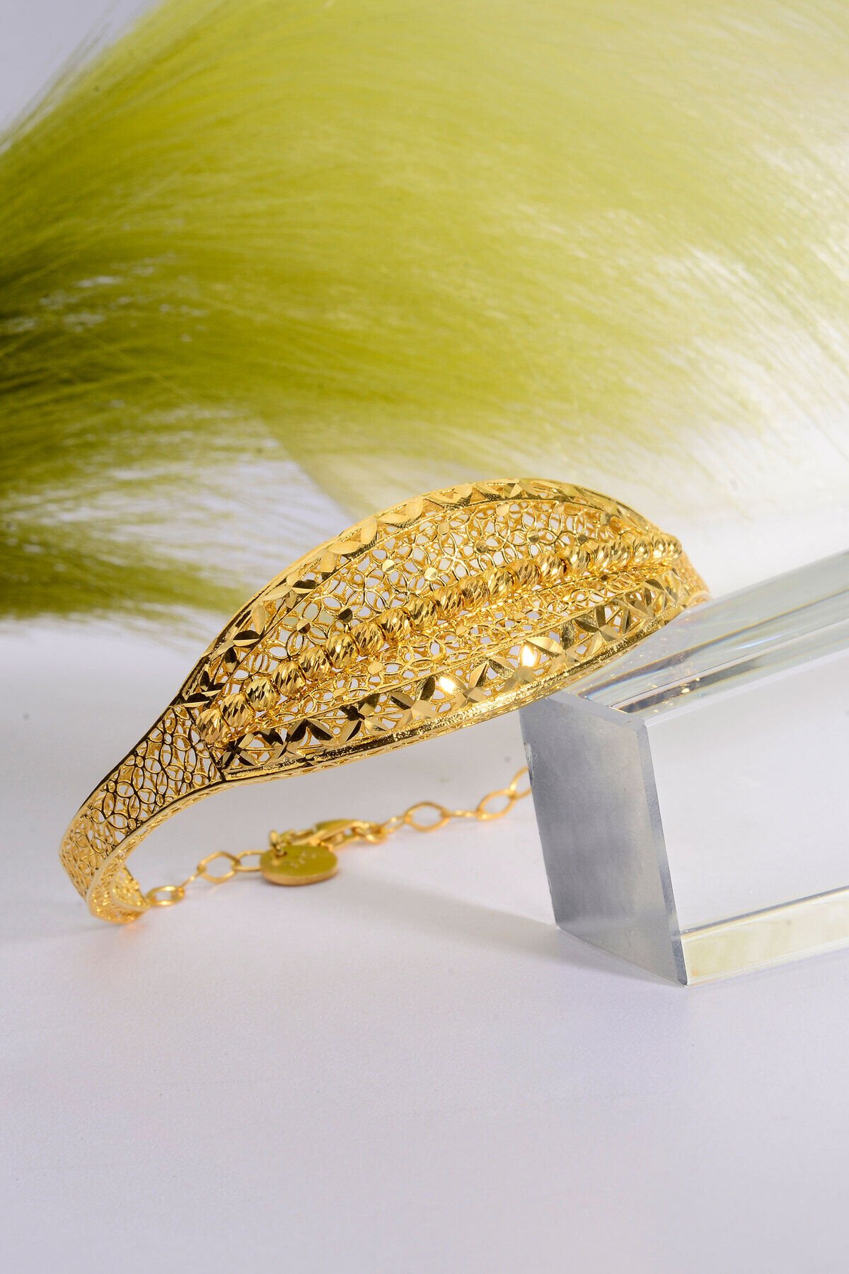 22 Ayar Altın Kaplama Dorika İşlemeli 925 Ayar Tül Bilezik