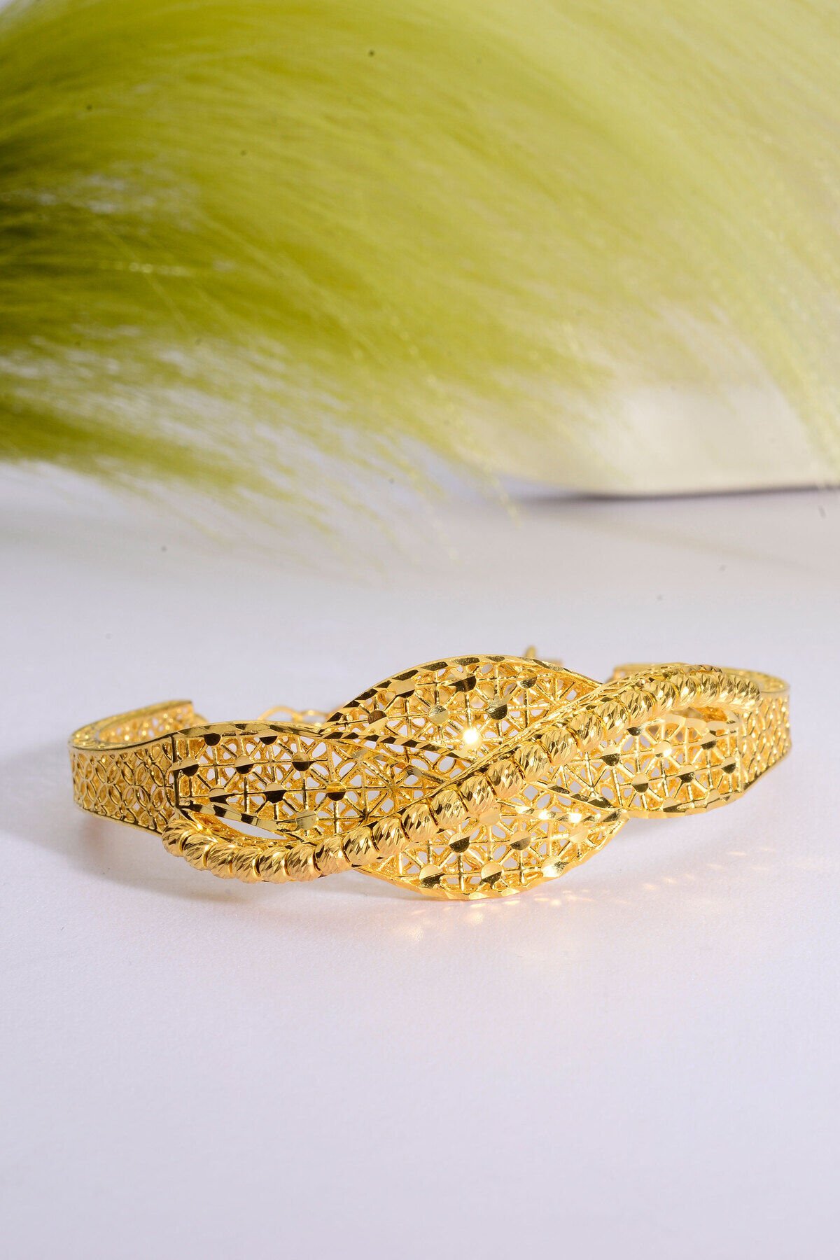 22 Ayar Altın Kaplama Dorika İşlemeli Elişi 925 Ayar Tül Bilezik