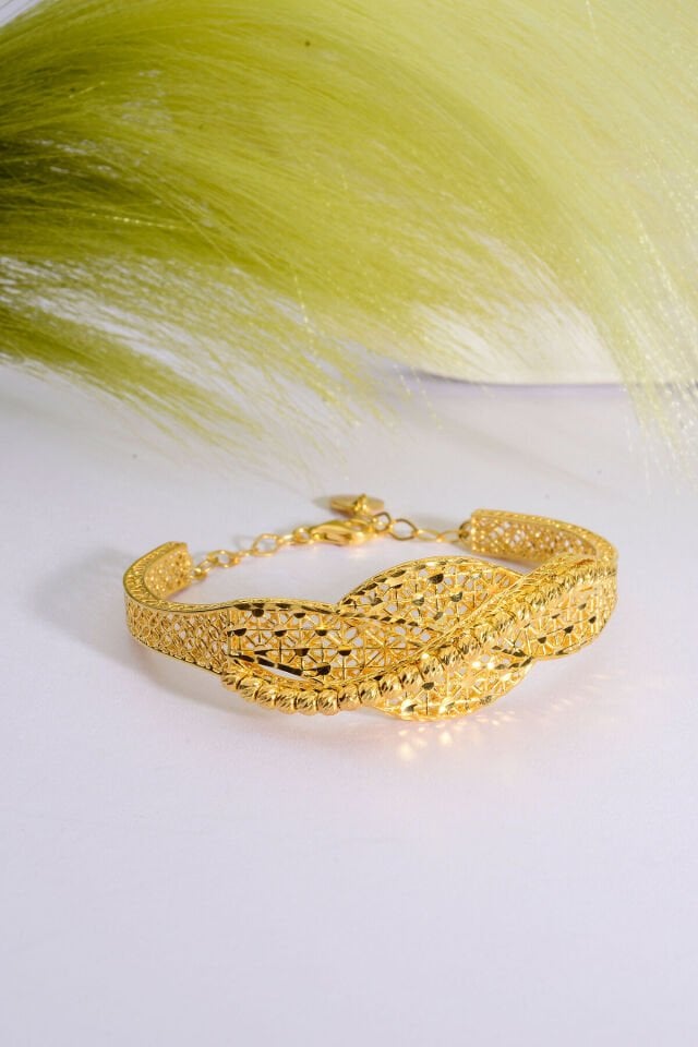 22 Ayar Altın Kaplama Dorika İşlemeli Elişi 925 Ayar Tül Bilezik