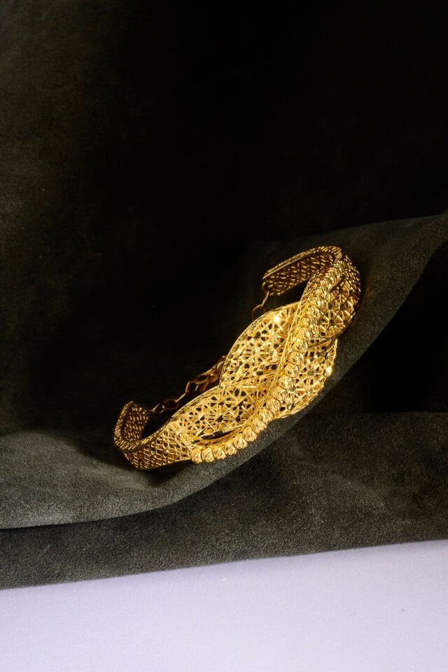 22 Ayar Altın Kaplama Dorika İşlemeli Elişi 925 Ayar Tül Bilezik