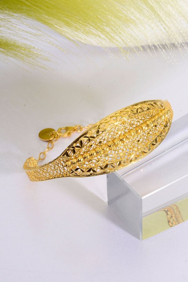 22 Ayar Altın Kaplama Dorika İşlemeli 925 Ayar Tül Bilezik