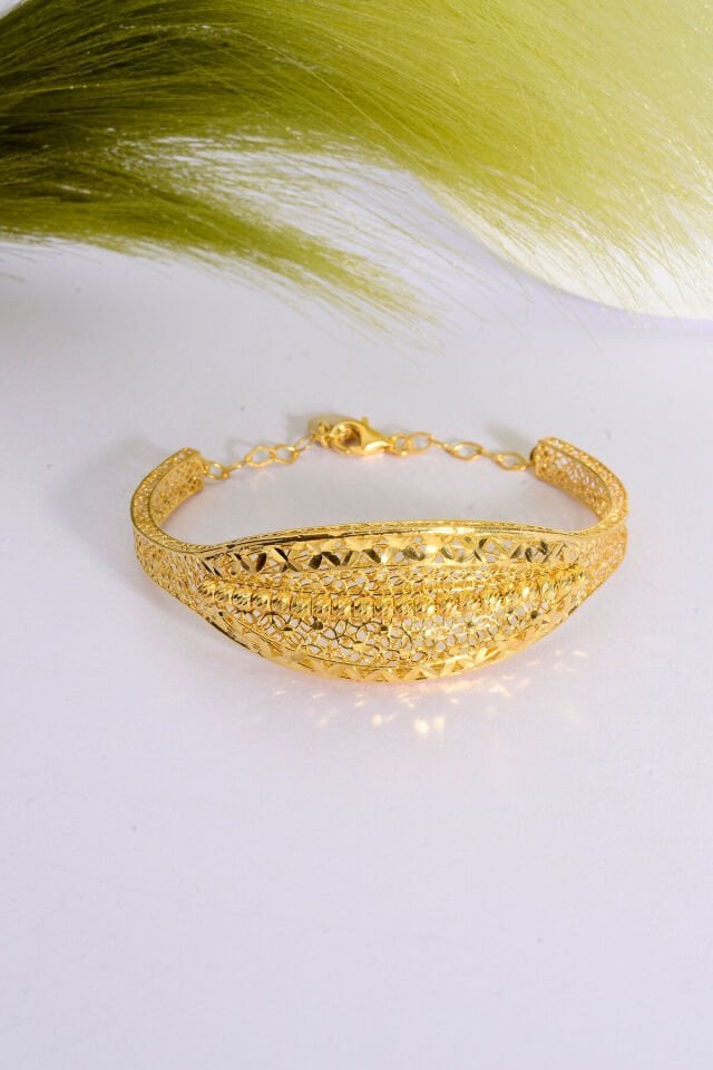 22 Ayar Altın Kaplama Dorika İşlemeli 925 Ayar Tül Bilezik