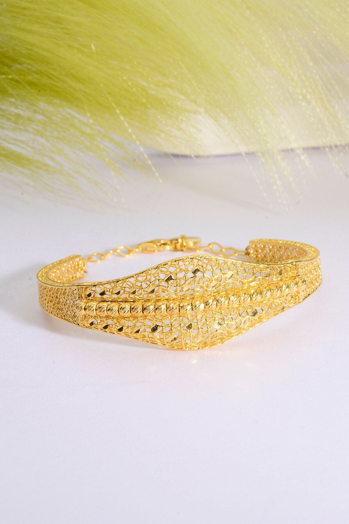 22 Ayar Altın Kaplama Dorika İşlemeli Elişi 925 Ayar Gümüş Tül Bilezik