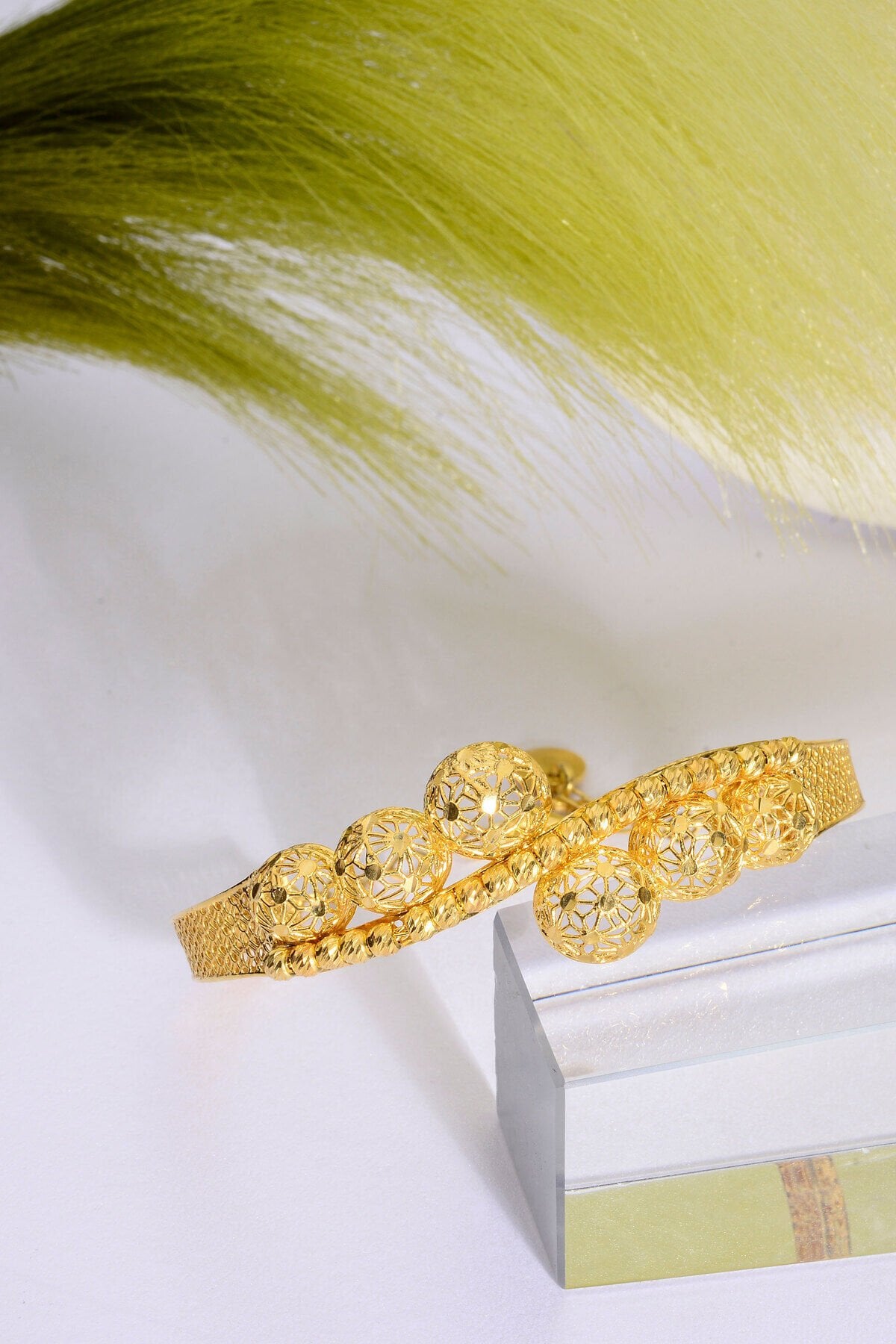 22 Ayar Altın Kaplama Dorika İşlemeli 925 Ayar Gümüş Tül Bilezik