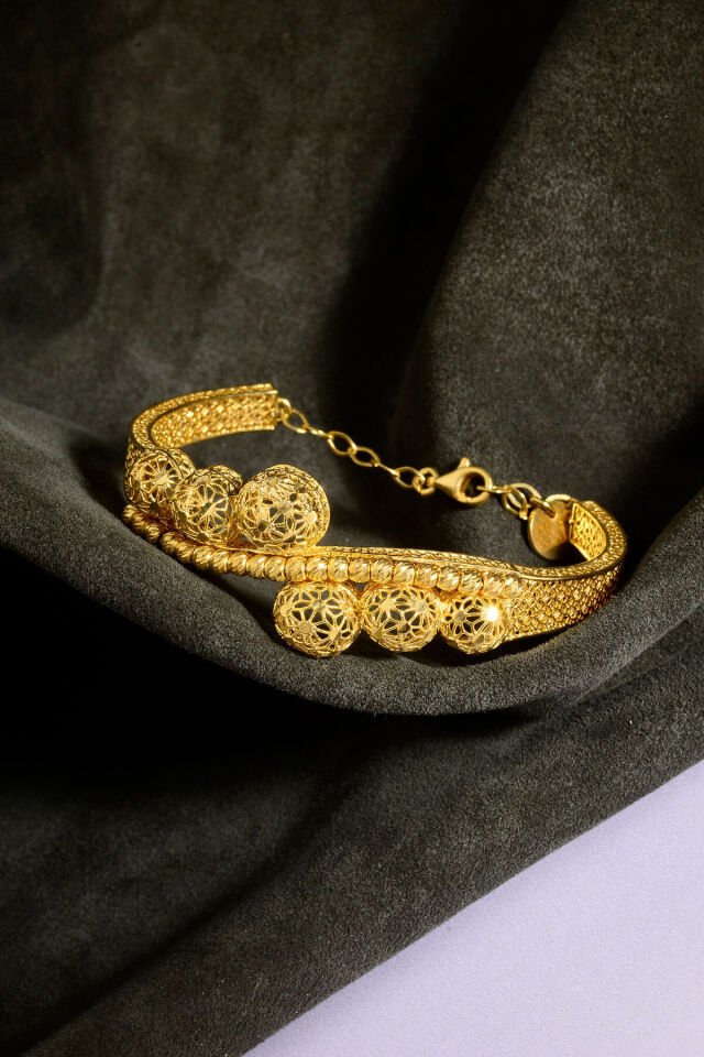 22 Ayar Altın Kaplama Dorika İşlemeli 925 Ayar Gümüş Tül Bilezik