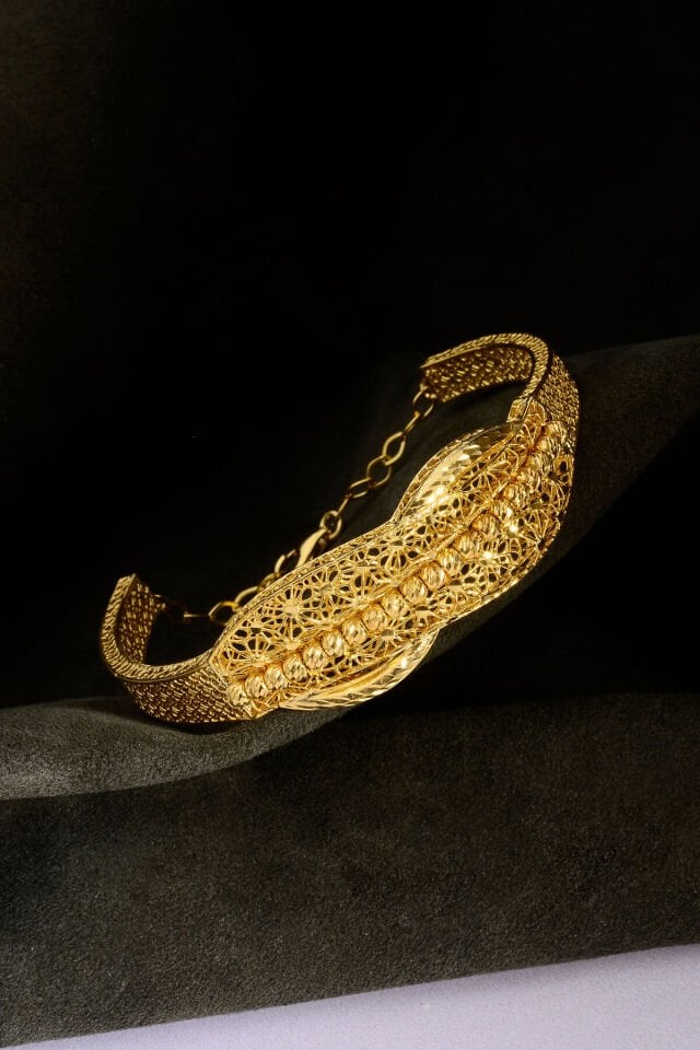 22 Ayar Altın Kaplama Dorika İşlemeli 925 Ayar Gümüş Tül Bilezik