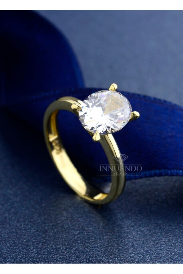 925 Ayar Gümüş 10x8 mm 4 Karat Oval Tektaş Altın - 21