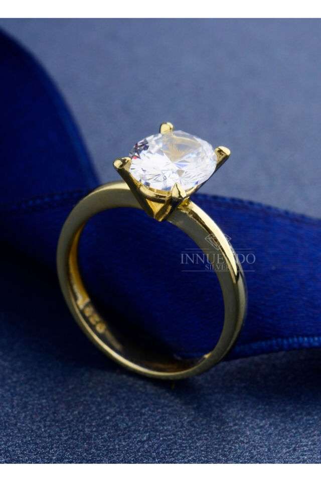 925 Ayar Gümüş 10x8 mm 4 Karat Oval Tektaş Altın - 21