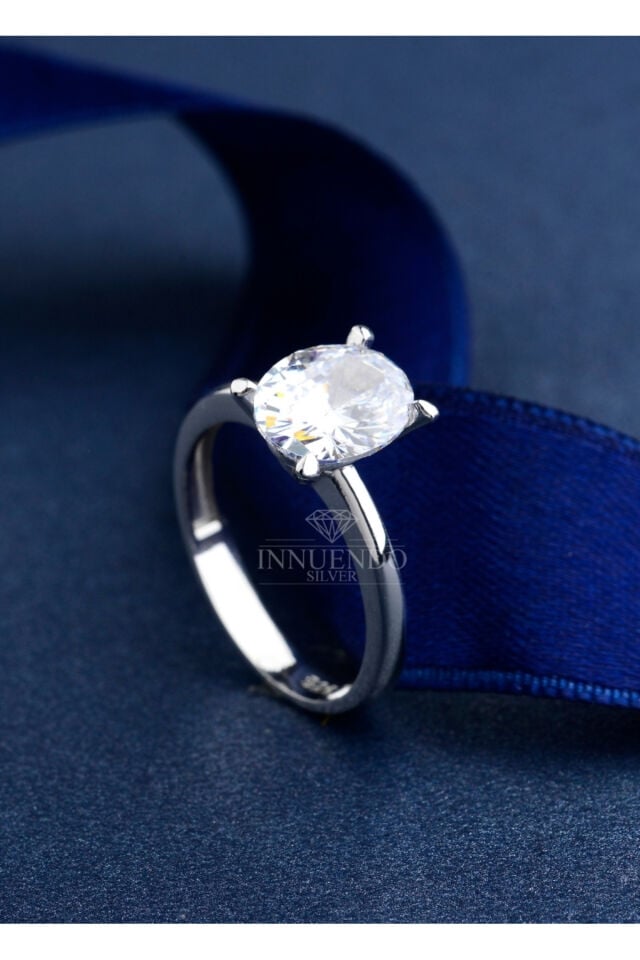 925 Ayar Gümüş 10x8 mm 4 Karat Oval Tektaş Gümüş - 23