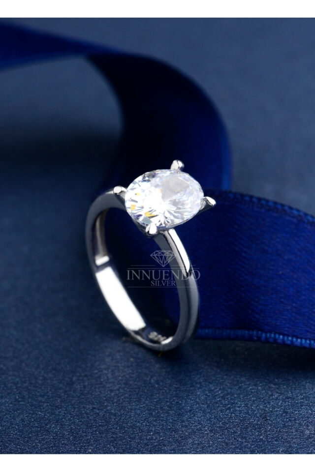 925 Ayar Gümüş 10x8 mm 4 Karat Oval Tektaş Gümüş - 12