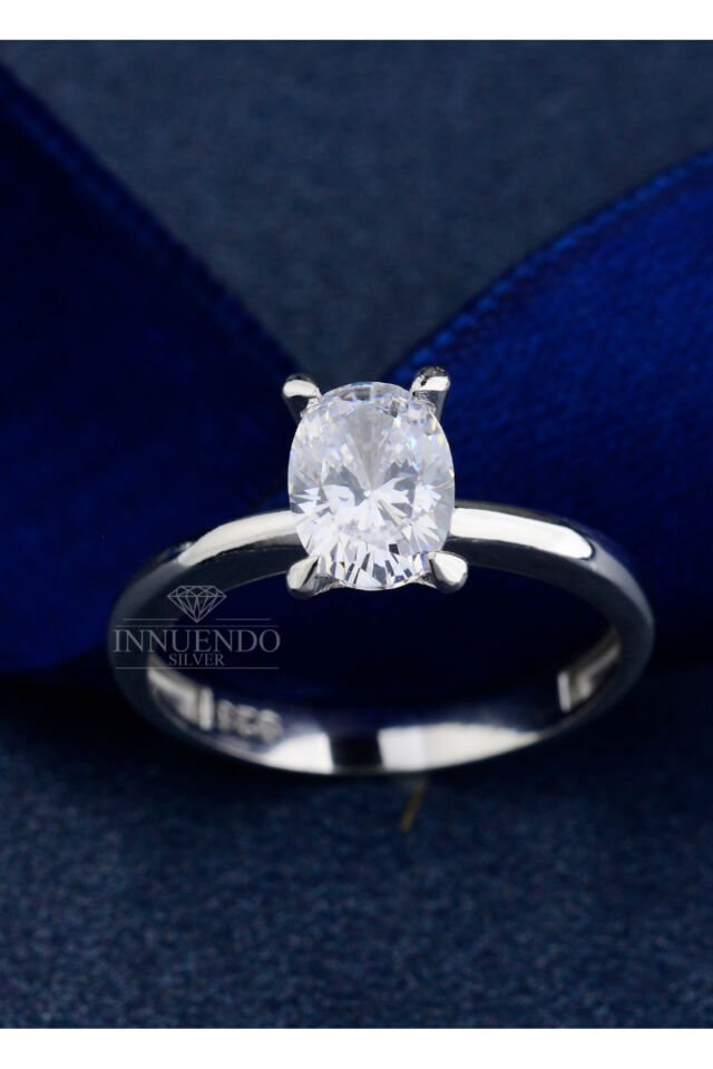 925 Ayar Gümüş 3 Karat Oval Tektaş Yüzük Gümüş - 15