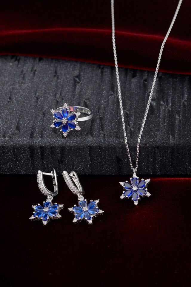 925 Ayar Gümüş Zirkon Taşlı Lacivert Lotus Set