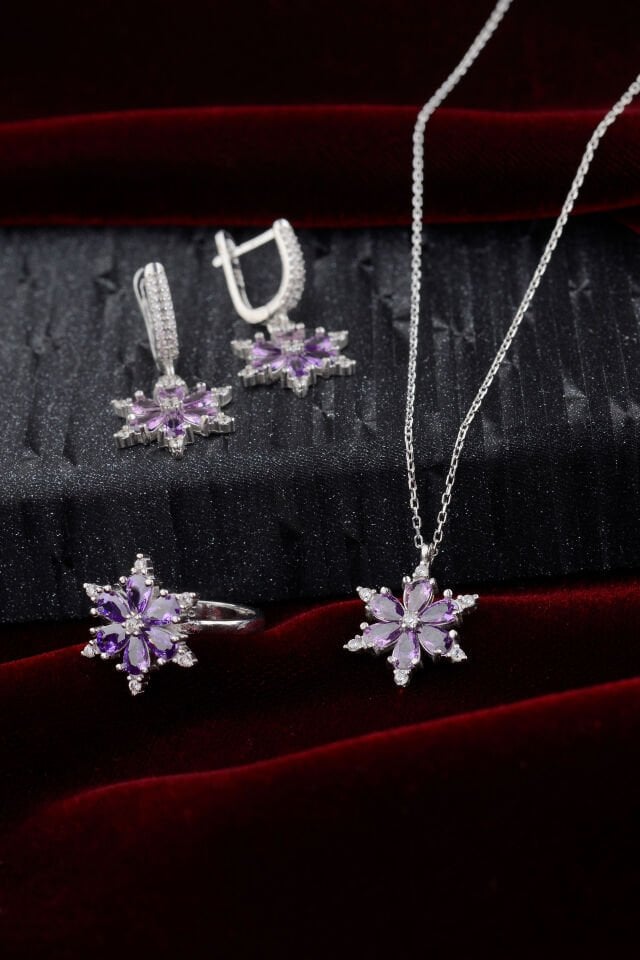 925 Ayar Gümüş Zirkon Taşlı Mor Lotus Set
