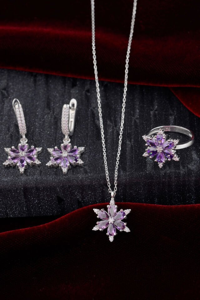 925 Ayar Gümüş Zirkon Taşlı Mor Lotus Set
