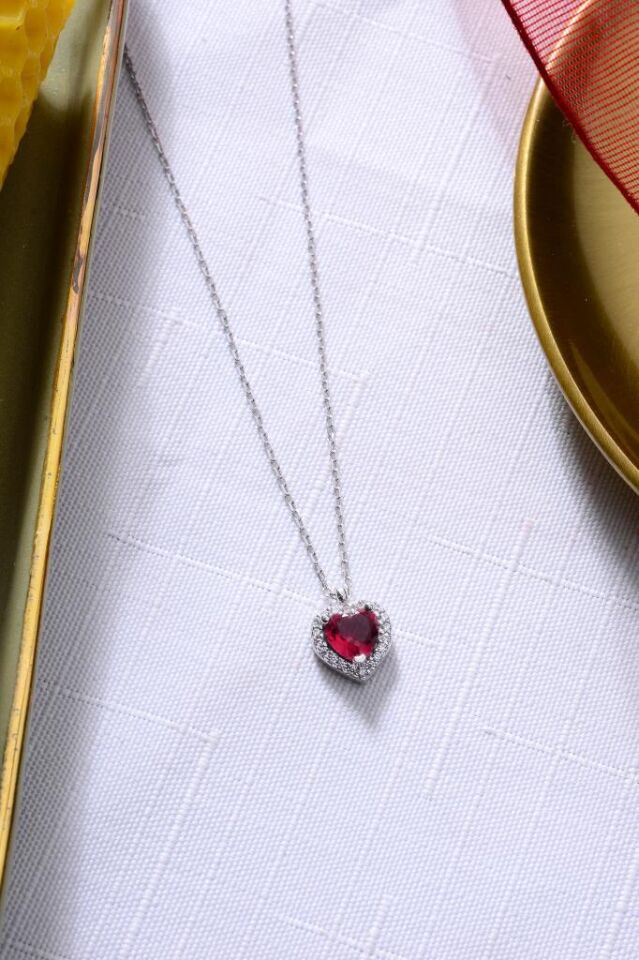 925 Ayar Gümüş Kırmızı Kalp Kolye