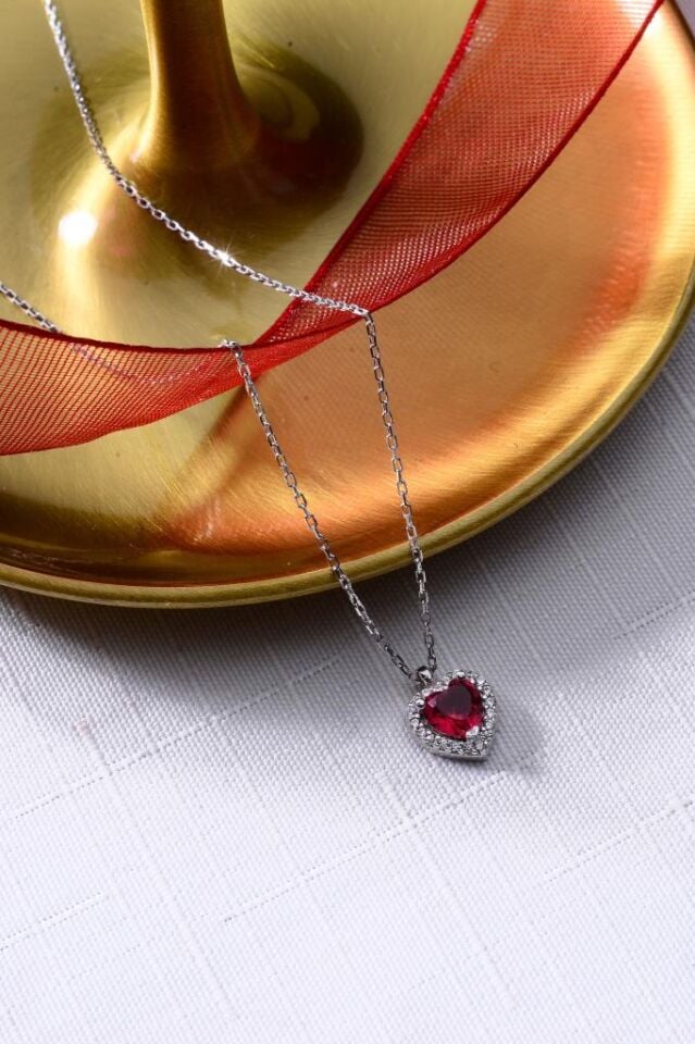 925 Ayar Gümüş Kırmızı Kalp Kolye