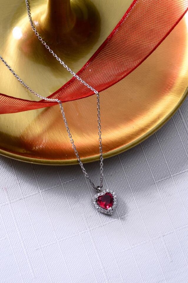 925 Ayar Gümüş Kırmızı Kalp Kolye